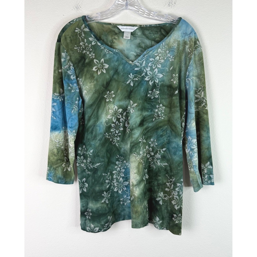 Christopher & Banks Top Womens L Green Blue Floral Tie Dye 3/4 Sleeve V-Neck